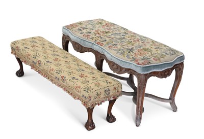 Lot 1402 - A LOUIS XV STYLE CARVED AND UPHOLSTERED STOOL, AND A GEORGIAN STYLE STOOL WITH BALL AND CLAW FEET