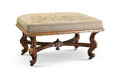 Lot 1276 - A 19TH CENTURY WALNUT, PARCEL-GILT AND UPHOLSTERED STOOL, LABELLED CONSTANTINE & CO, LEEDS