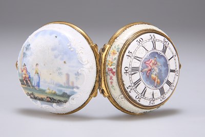 Lot 398 - A BILSTON ENAMEL TOY WATCH BOX (FAUX MONTRE), CIRCA 1760-1770