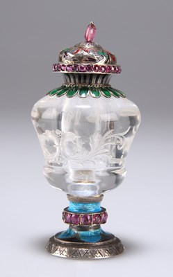 Lot 738 - A FINE VIENNESE ROCK CRYSTAL, RUBY AND ENAMEL SCENT BOTTLE, SECOND HALF OF 19TH CENTURY